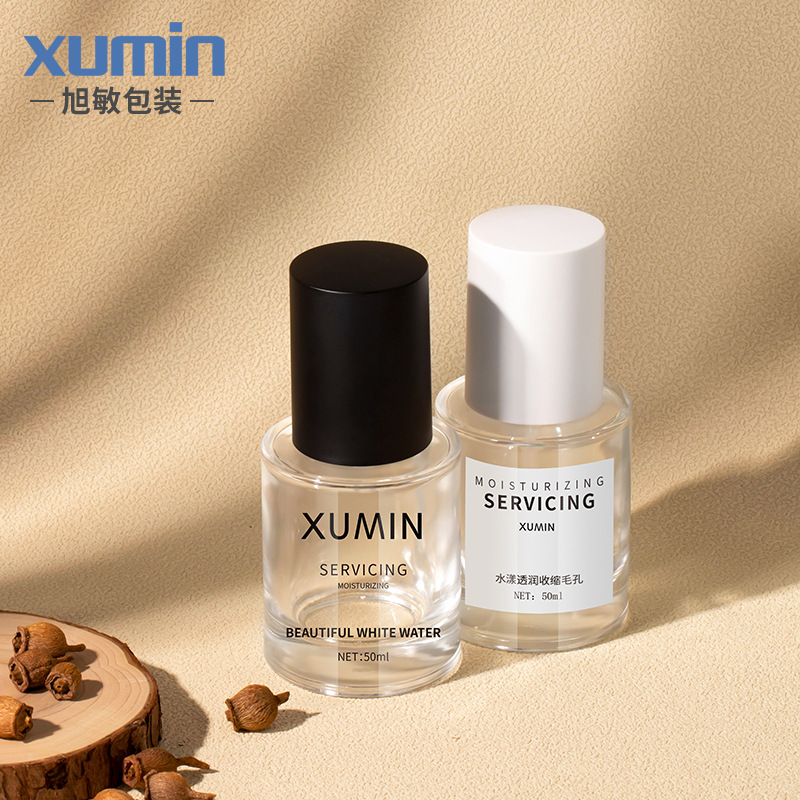 Nuevo Xumin conjunto de vidrio cosmético botella de crema de fondo grueso transparente botella 100mL botella de spray de cubierta negra botella de loción
