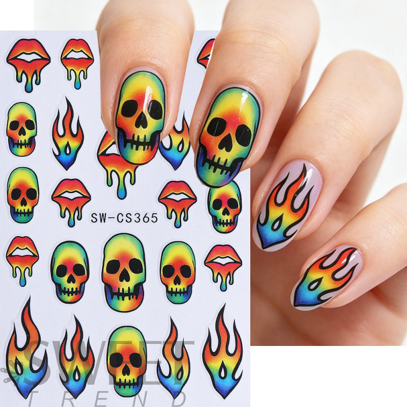 2026 New Nail Art Adhesive Stickers 3D Flame Halloween Skull Lips Art Nail Decals Ins