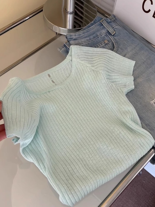 ミントのマンボの緑のtシャツの女性のニットの氷の糸の正の肩の半袖の夏の修身のギャルの背中は透かして底の上着を打ちます|undefined