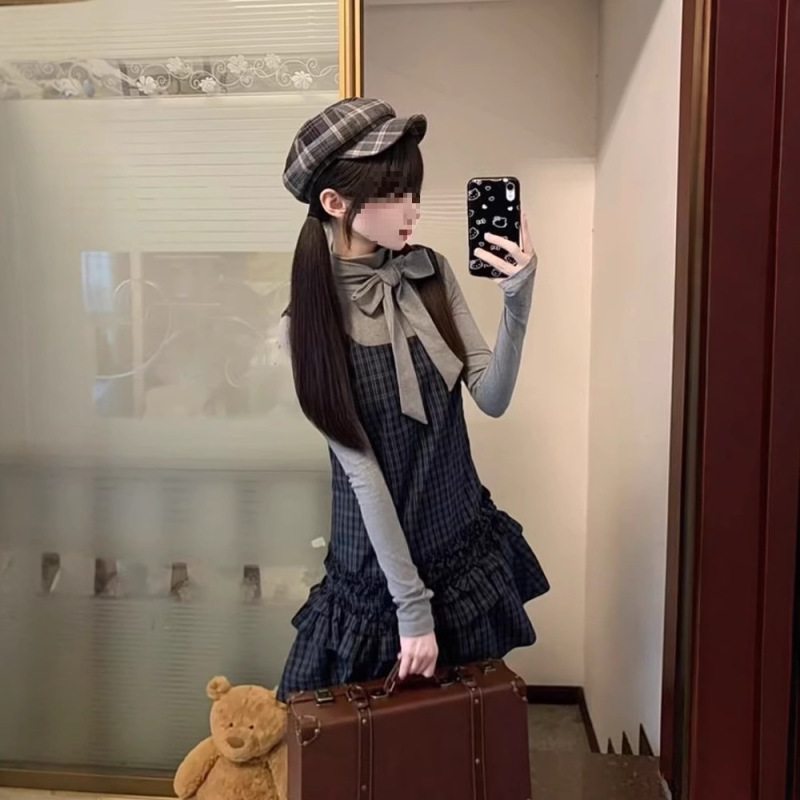 少女心事 秋装新款日系古早vintage设计蝴蝶结上衣格纹连衣裙套装|undefined