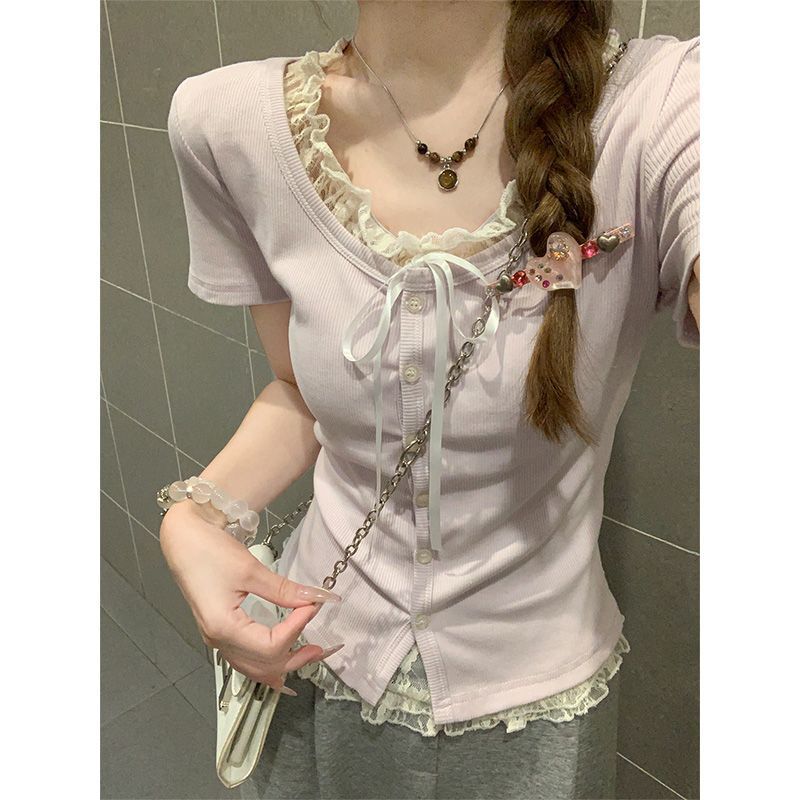 Korean-style pure and alluring color-blocked lace trim fake two-piece single-breasted design short-sleeve T-shirt for women, summer base top