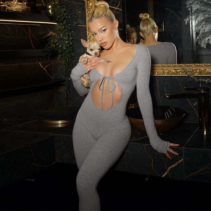 Amazon трансграничный женский 2023 Осень Новая мода сексуальный нагрудный тонкий комбинезон с длинным рукавом оптом