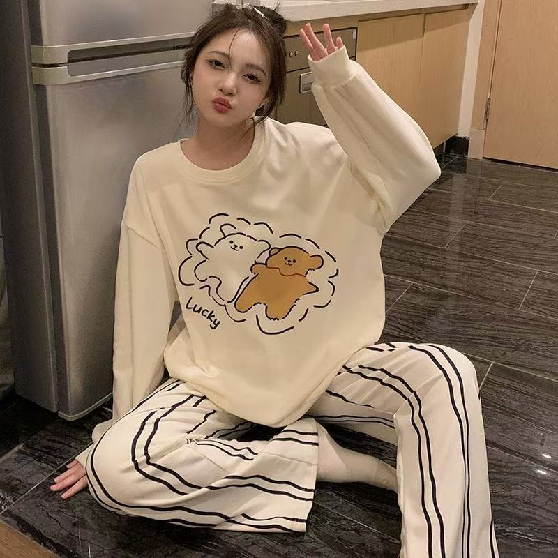 2025 nuevo pijama de mujer de lana primavera y otoño de manga larga onda punto oso invierno engrosado conjunto de lana ropa para el hogar