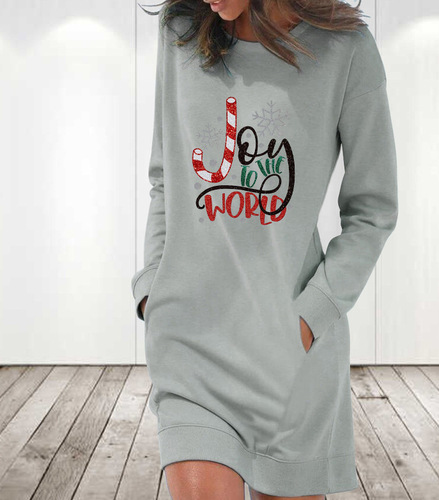  Amazon Autumn/Winter New Merry Christmas Print Loose Round Neck Drop Shoulder Long Sleeve Dress