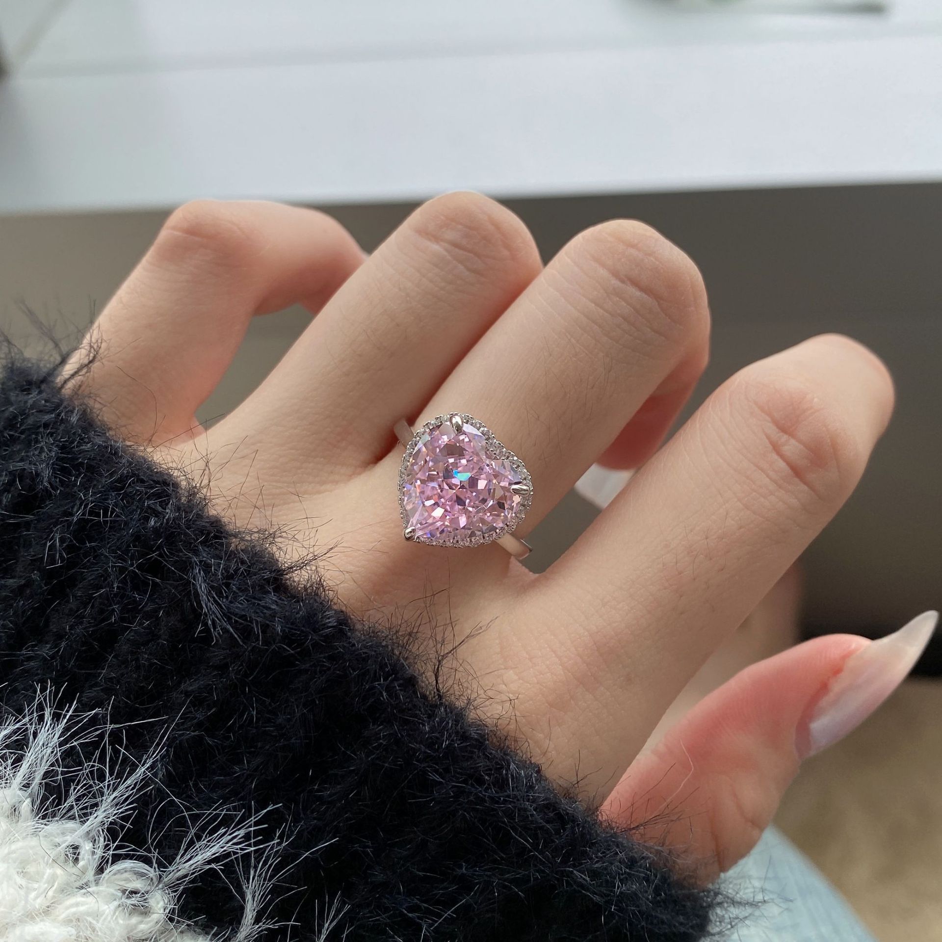 12g Weight Zircon Inlay Material Rings Classification 5, 9 Ring Size 1 Piece Quantity Holiday, Daily Occasion 925 Sterling Silver Material Geometric, Heart Shape Pattern Women's Gender Plating Design Elegant, Lady Style 925 Sterling Silver Zircon Geometric Heart Shape Rings 13