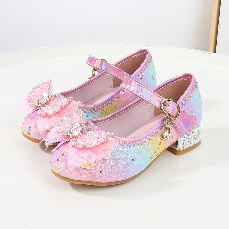 Girls' High Heels, Kidsren's Rainbow Princess Shoes, Spring and Autum New Little Girls' Flats, Medium and Large Kidsren's Crystal Shoes, Leather Shoes