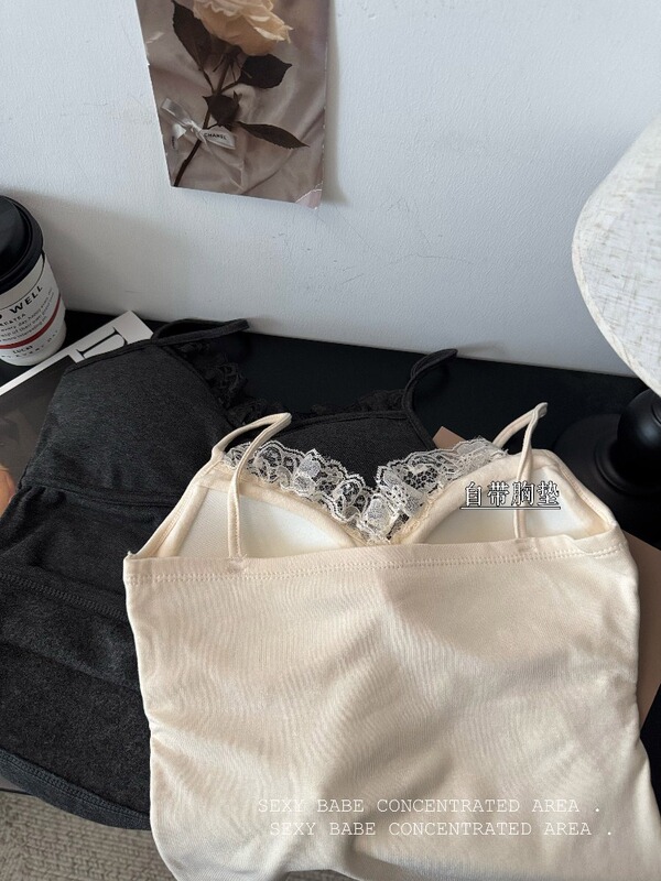 蕾丝花边拼接磨毛加厚吊带背心女秋冬内搭修身带胸垫裹胸打底上衣|undefined