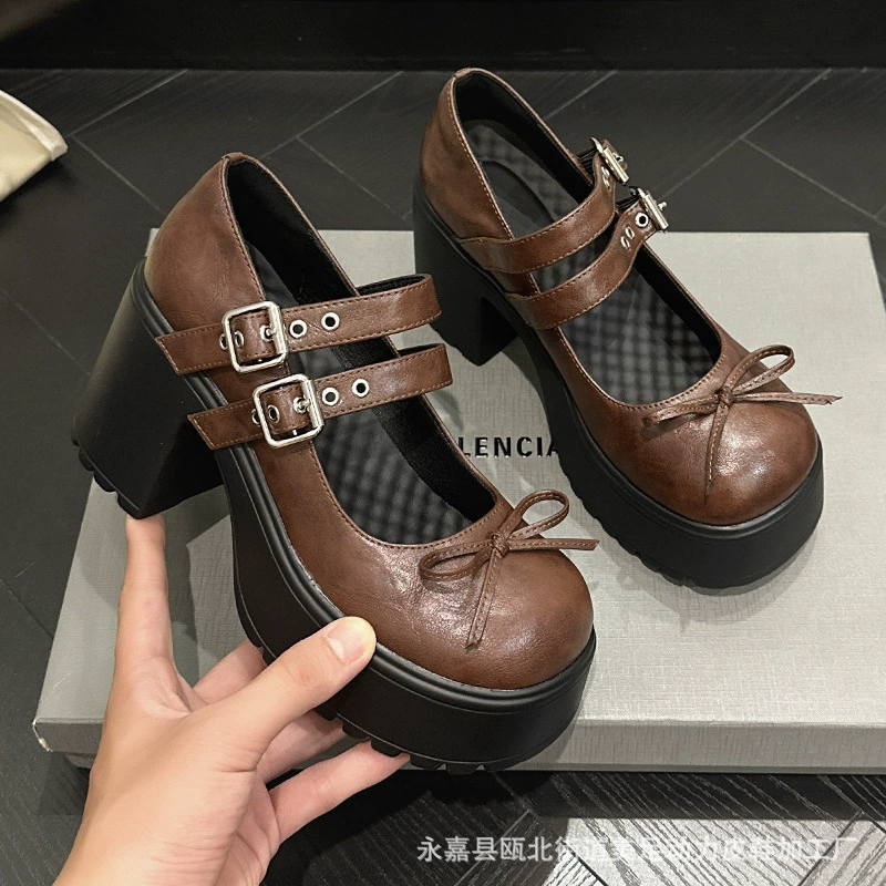 Meitu Power Ретро-бант на высоком каблуке Mary Jen обувь женская новая двойная пряжка с круглой головкой толстый каблук туфли на большой подошве