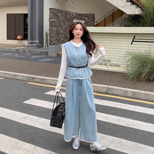 春上新【流行街】意法牛仔背心裤子套装牛仔阔腿裤两件套高级无袖