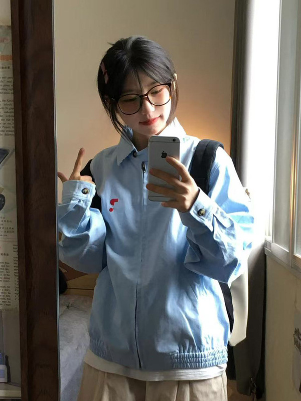 春秋浅蓝色外套女爆款新款日系小个子百搭棒球服宽松休闲翻领夹克|undefined