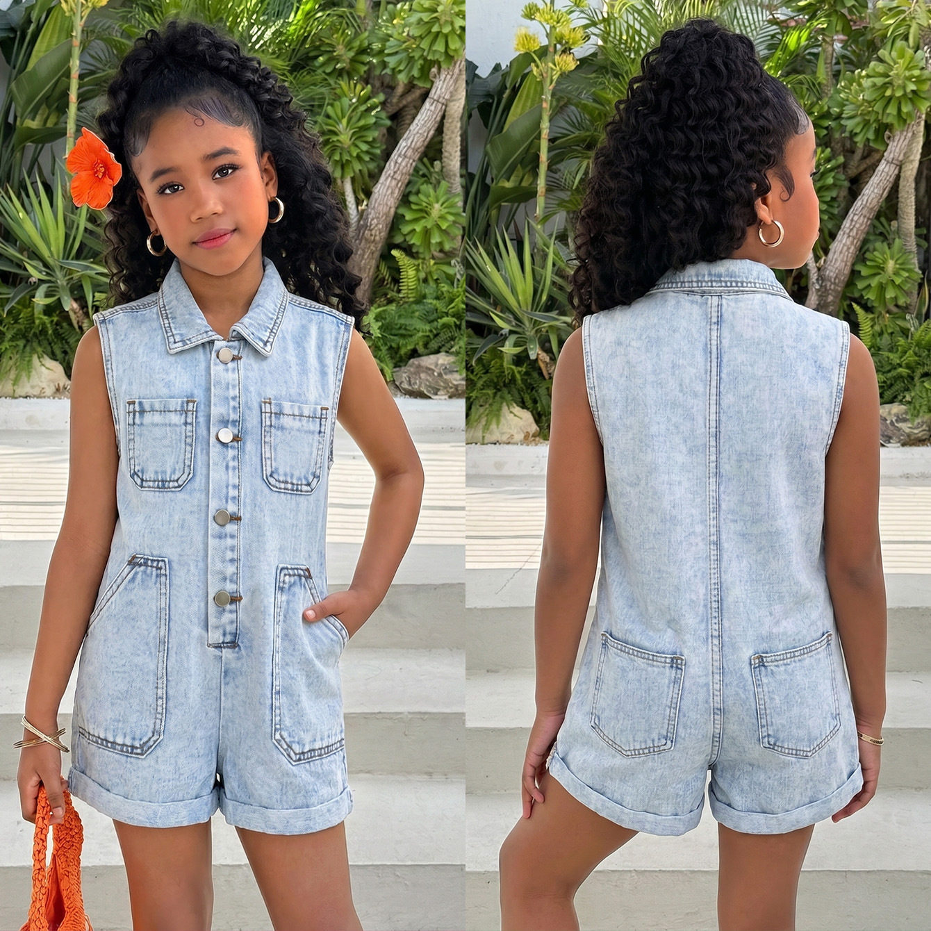 European and American foreign trade cross-border Amazon new sleeveless vest jumpsuit shorts casual loose denim set for girls