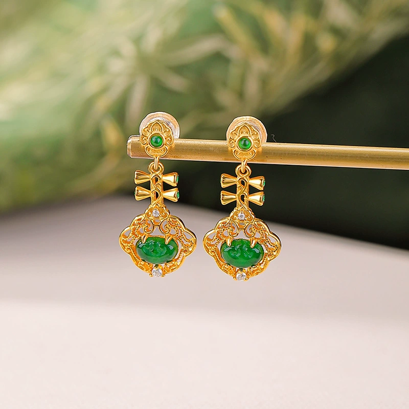  natural jade, серьги, образец серебро 925, китайский стиль