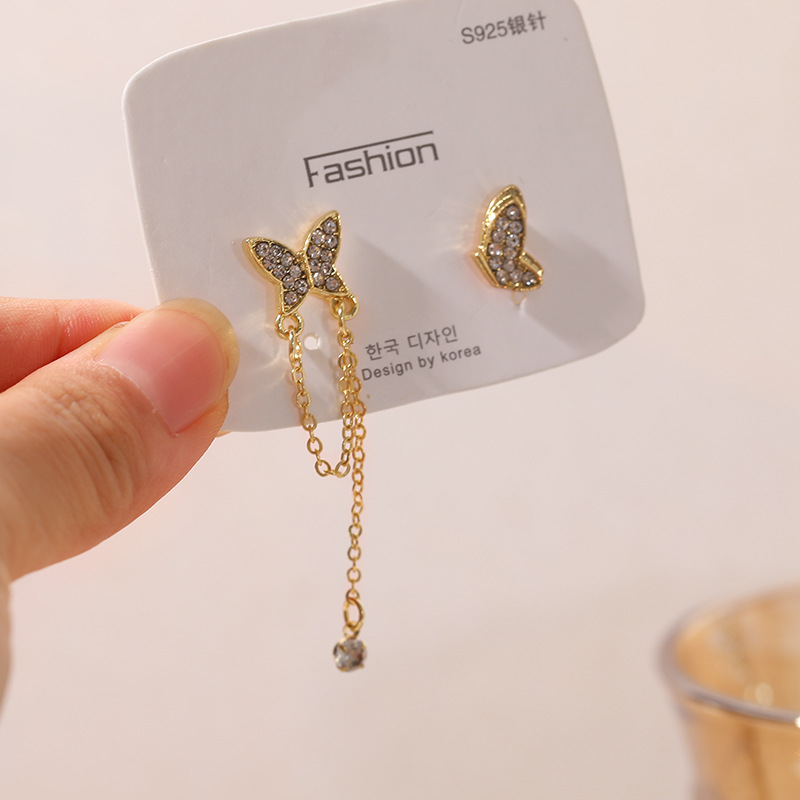 Sterling Silver Needle Korean Fairy Butterfly Asymmetric Earrings Elegant High-grade Cold Style Diamond Stud Earrings For Women display picture 2