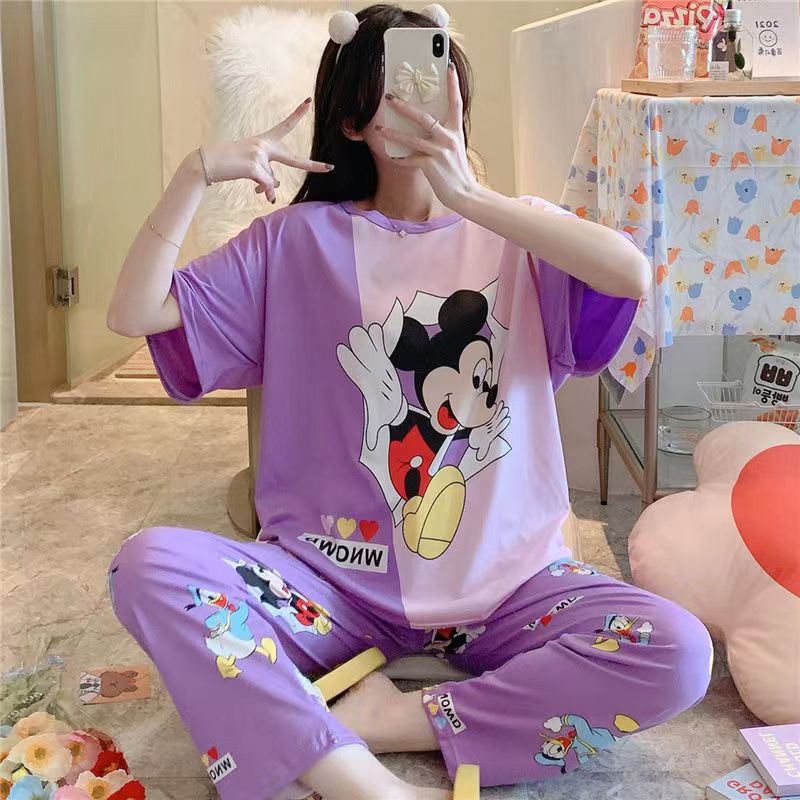 睡衣女春秋款5XL码新款短袖长裤女士印花可爱可外穿家居服套装|undefined
