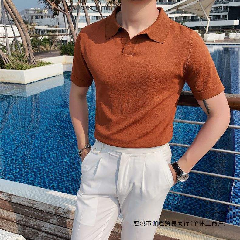 Summer British Style Slim Fit Casual Short-Sleeve T-Shirt, Youthful Business Style, Handsome Lapel Knit Solid Color Polo Shirt