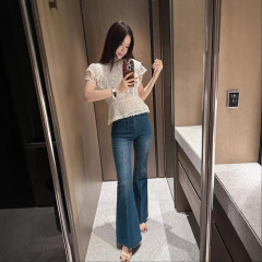 梵思羽复古蓝色高腰垂感牛仔裤女2025设计师款高腰修身微喇叭裤子