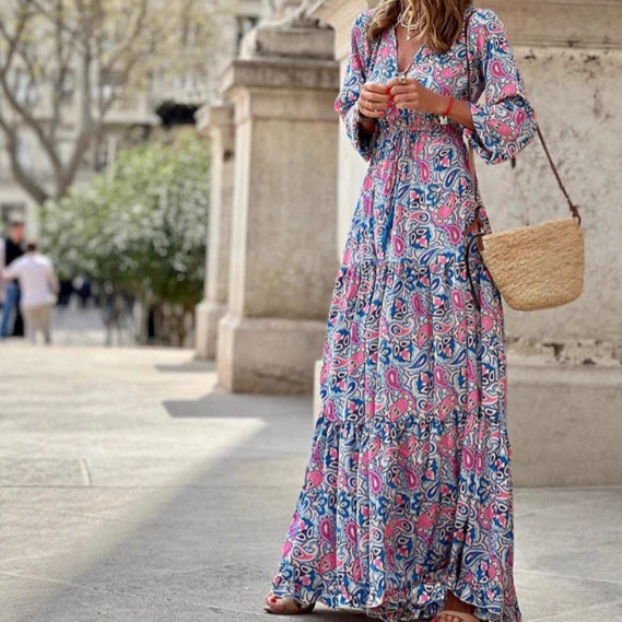 2024 Cross-Border Foreign Trade New Women's Dress Printed Short-Sleeved Waist-Tie Long Dress for Women