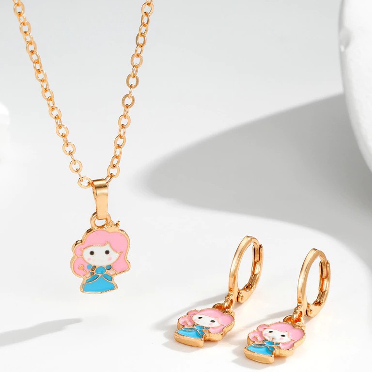 Transfronterizos lindos dibujos animados goteo de aceite colorido oso princesa Kitty gato pendientes collar para niños regalos juegos de joyas