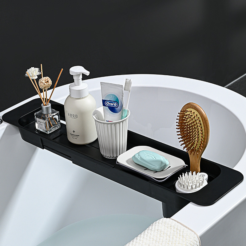 Trendy Black and White Storage Telescopic Stand Bathtub Shelf Multifunctional Bathroom Bath Rack
