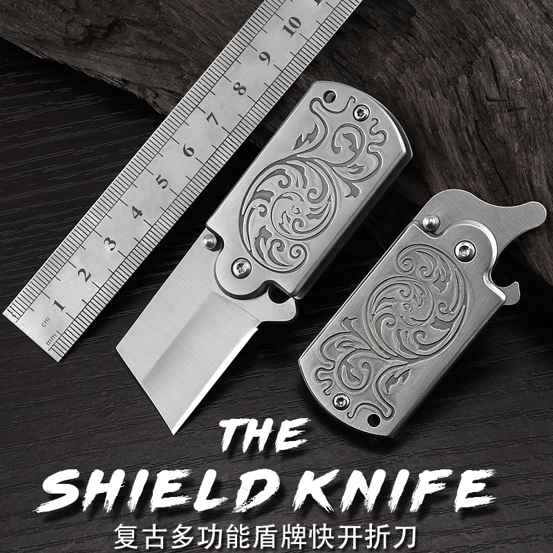 不锈钢折叠刀手工压花工艺军牌刀方块刀户外EDC小工具折刀多功能