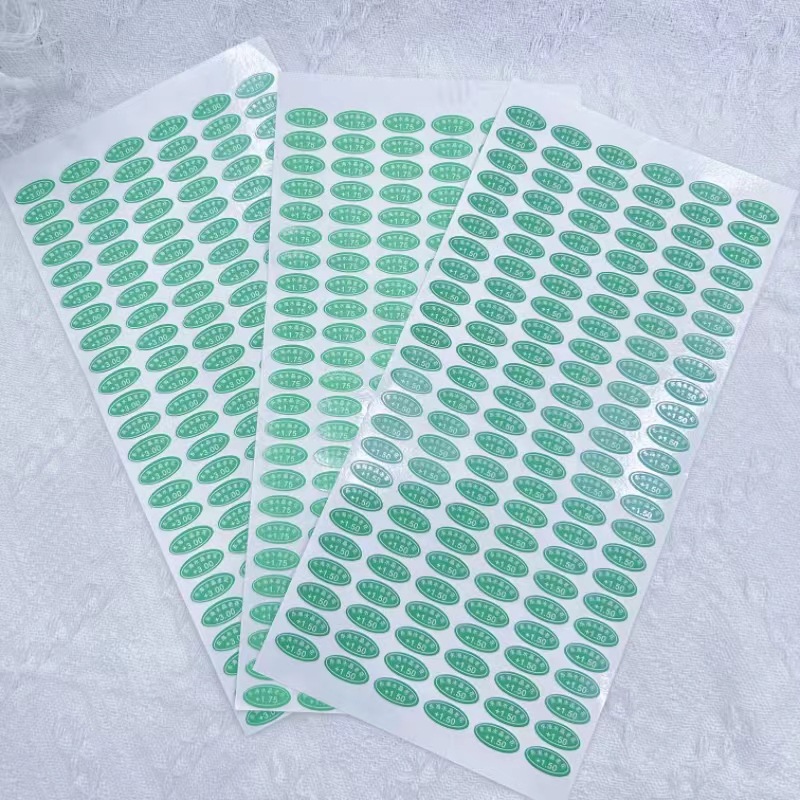 East Sea Crystal Old Flower Round Label with Green Background and White Letters, East Sea Crystal Old Flower Eyeglass Lens Electrostatic Label