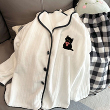 跨境法兰绒加厚睡衣女秋冬季可爱卡通小黑猫珊瑚绒套装家居服