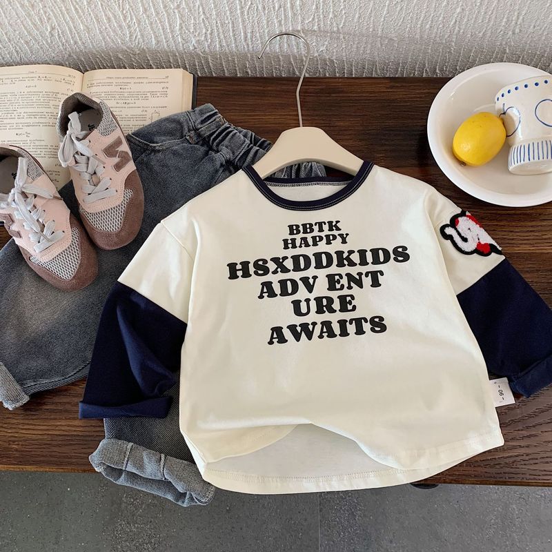 邦誠子供用長袖Tシャツ2025春秋新作韓国風男の子レターデザインフェイクツーピースプルオーバーH0331|undefined