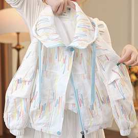 女童春秋季外套2025新款蓝色奶糖烟花冲锋衣时尚韩系大童连帽外套