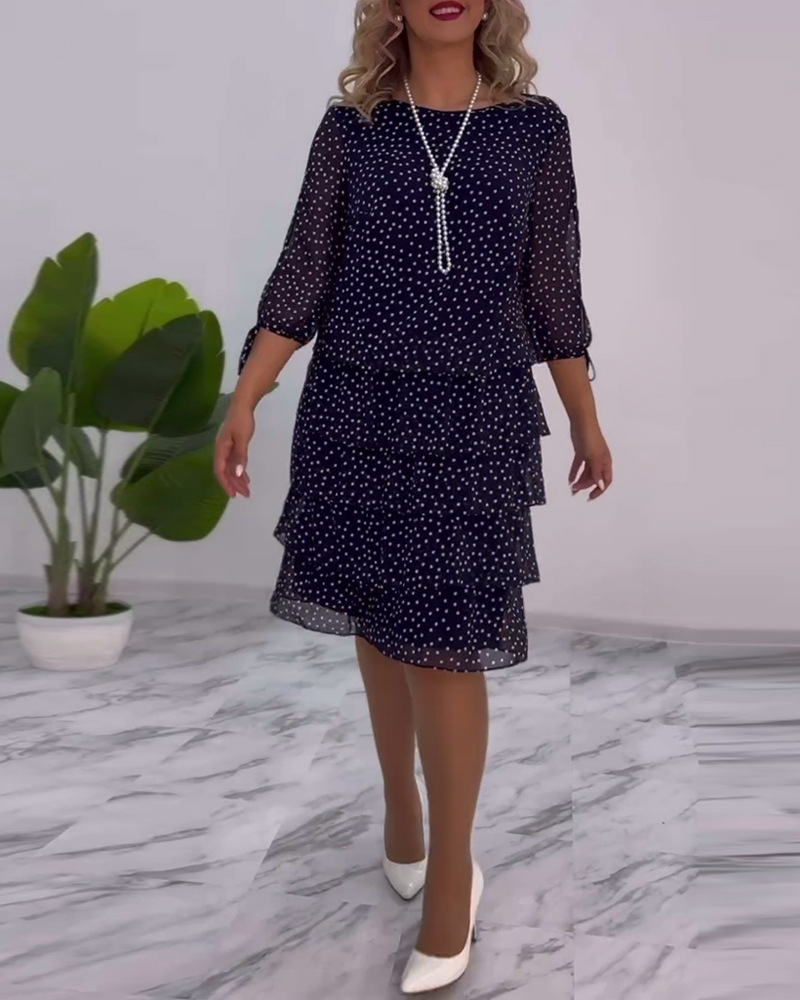 Robe midi élégante en mousseline à pois pour femme, col rond, manches trois-quarts, taille nouée, style gâteau tendance_voghion.com