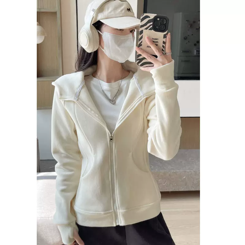 白色摇粒绒外套女秋冬季2025新款修身小个子短款上衣加绒连帽卫衣