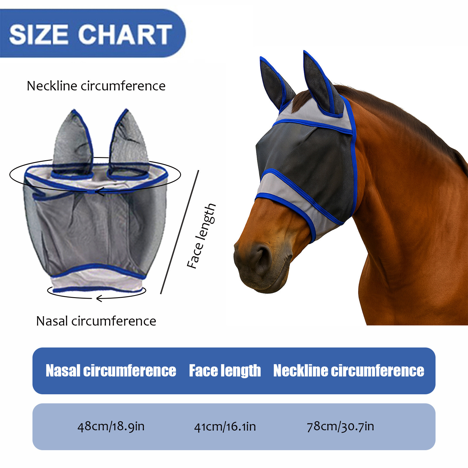 Horse face mask/bridle with breathable mesh to prevent fly and insect bites; suitable for all seasons; outdoor equestrian equipment for horse farms.