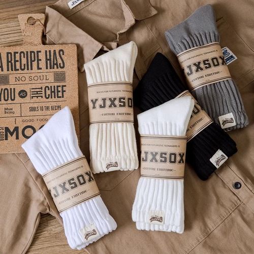 Leung Wing-wah men's ribbed socks for autumn and winter, solid color terry socks, Japanese retro sports couple's cotton socks, mid-calf socks