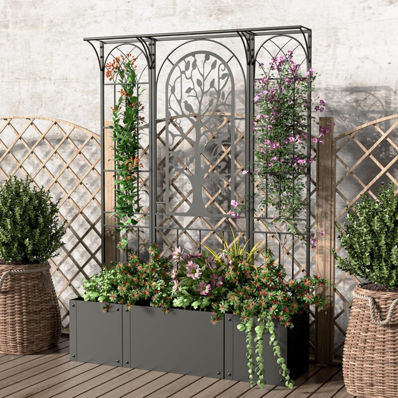 Flower Bed Planter Box with Trellis, Elevated Garden Bed, Courtyard Privacy Planter, Climbing Plant Flower and Vegetable Planting Box