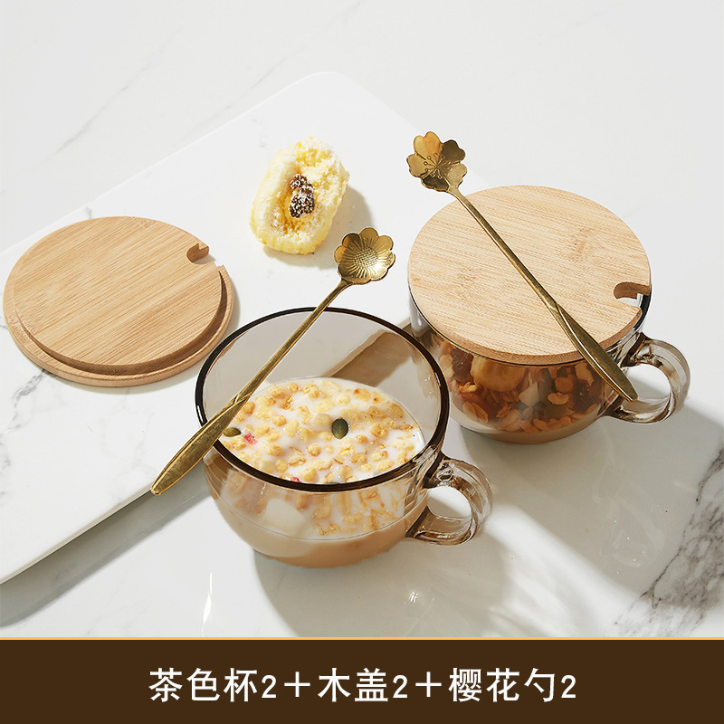 2 brown breakfast cups + 2 bamboo lids + 2 cherry blossom spoons