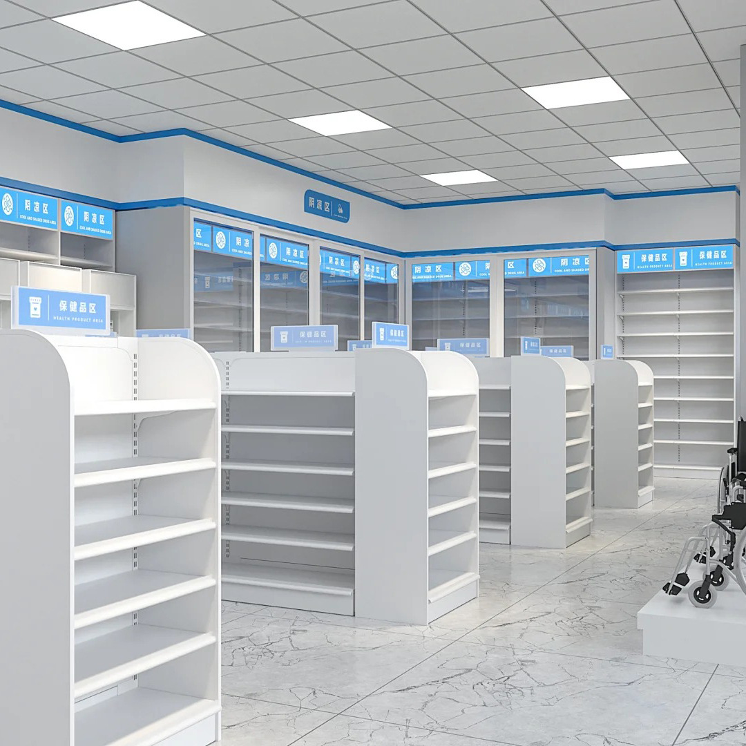 Estantes de supermercado, tienda de conveniencia, papelería, farmacia, estanterías de almacenamiento, productos, cosméticos, almacenamiento comercial, acero y madera