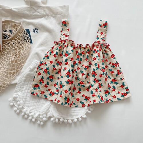 Ladycamisole set with floral pattern trendy camisole + denim shorts two-piece set for young children summer attire with straps