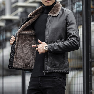Cross-border thick velvet autumn leather jacket winter men's leather jacket PU business casual square collar fashion all-matching jacket