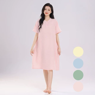 外贸日本纯棉双层纱布女士睡裙夏季短袖中长款宽松大码全棉家居服