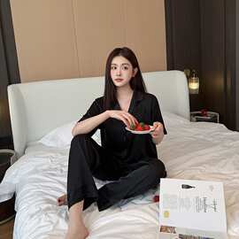 26年新款黑色凉感冰丝短袖长裤睡衣女夏季高级感轻奢家居服套装