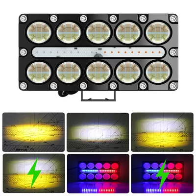 Motorcycle headlights, headlights Work Lights, Modified Off-Road - yellow-light-white-light-yellow-and-white-light-red-and-blue-6-modes-double-row-of-10-beads-with-warning-light