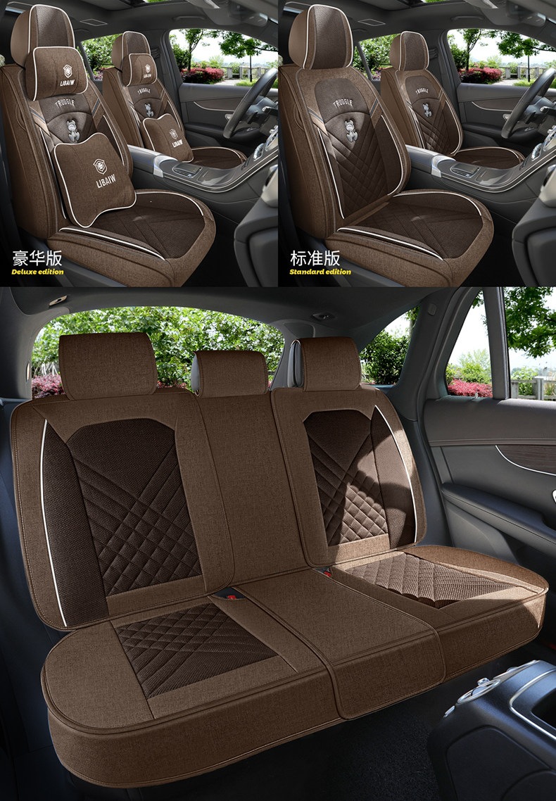 Car Seat Cushion, All-Inclusive, Suitable for All Seasons, Pure Linen Seat Cover, Fully Surrounded by Cotton and Linen Fabric, Cartoon Seat Cover