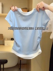 韓系chic港味假兩件短袖T恤女夏季韓版修身顯瘦短款打底上衣小衫