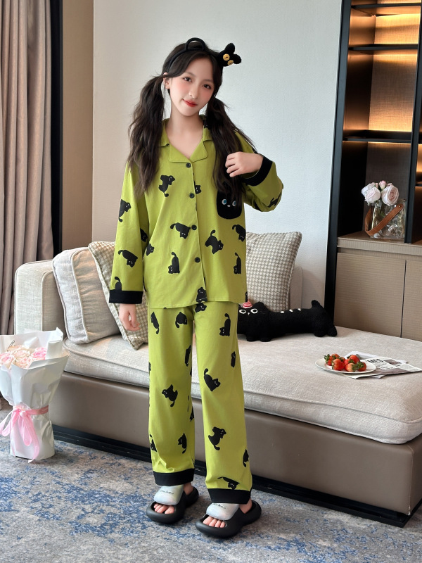 2025秋季新款女童纯棉家居服卡通猫咪印花儿童长袖睡衣套装可外穿|undefined