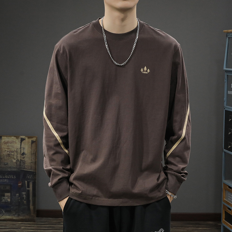미국식 복고풍면 긴팔 티셔츠 남성용 느슨한 플러스 사이즈 가을과 겨울 패션 브랜드 자수 스웨터 둥근 목 바닥 셔츠