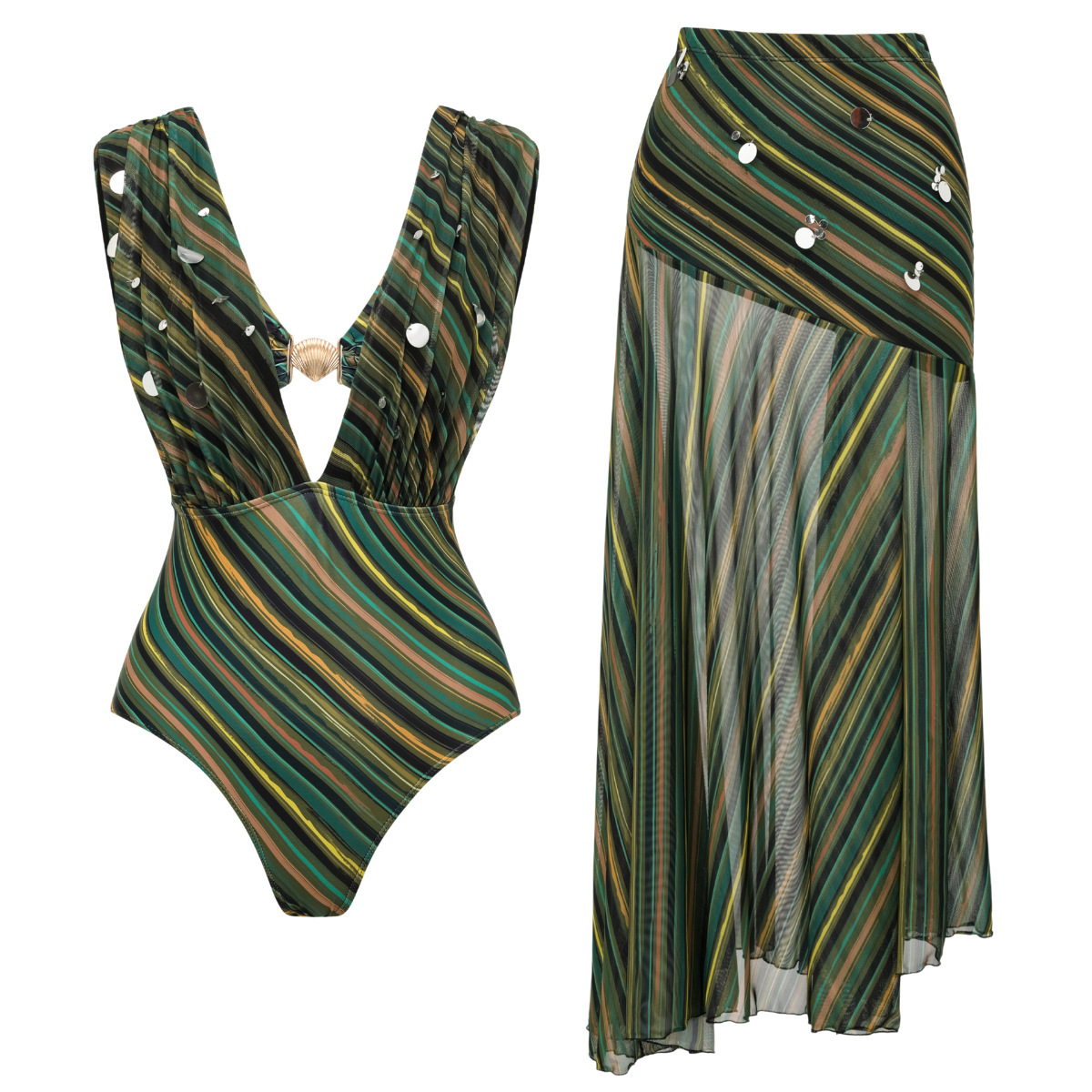Women's Color Blocking Striped Sequin One Piece Swimsuit European American Style For Beach Set_voghion.com