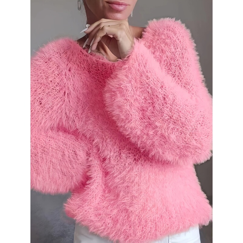 2026 Amazon Cross-Border European and American Women's Clothing Macaron-Colored Round-Neck Fluffy Design Solid Color Long-Sleeve Furry Top 2026 Amazon Cross-Border European and American Women's Clothing Macaron-Colored Round-Neck Fluffy Design Solid Color Long-Sleeve Furry Top