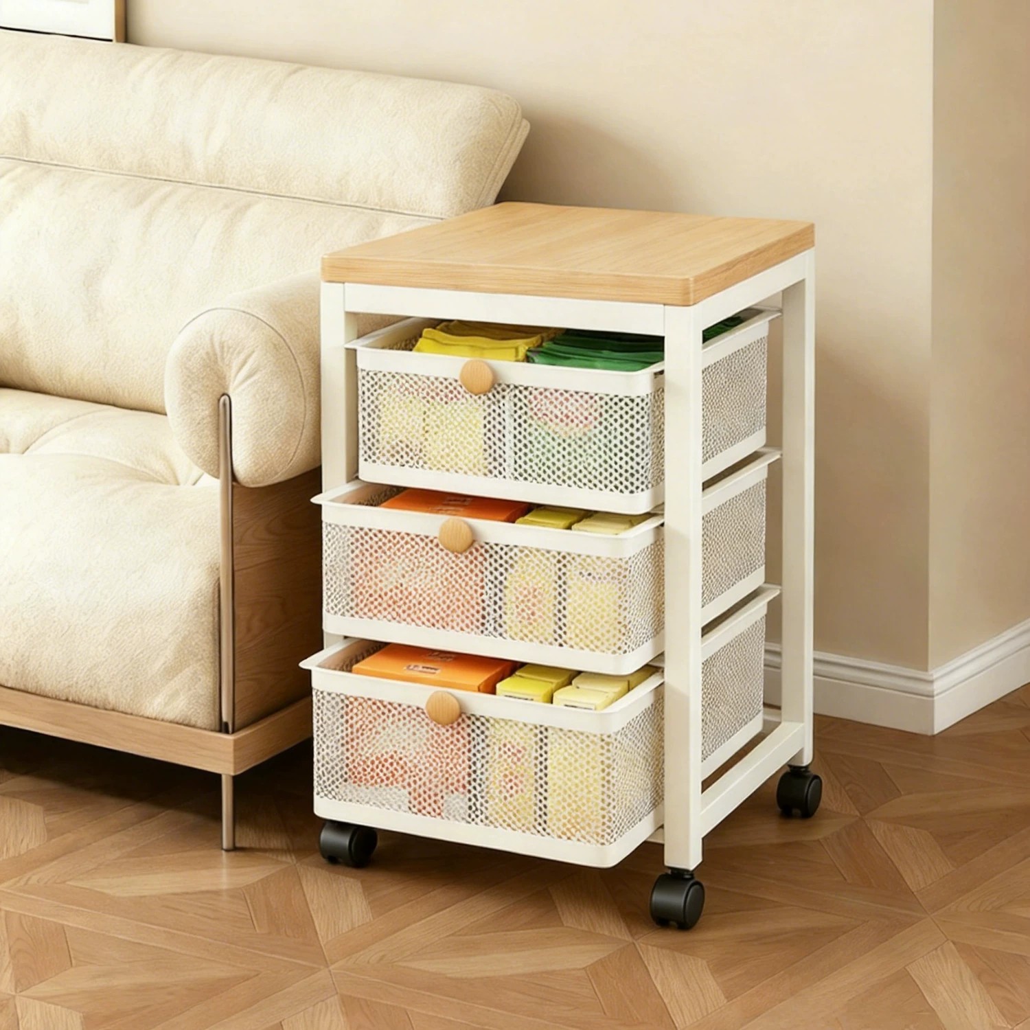 Estante de bocadillos de sala de estar móvil carro pequeño estante de almacenamiento sofá gabinete lateral pequeño estante de almacenamiento de hendidura multicapa