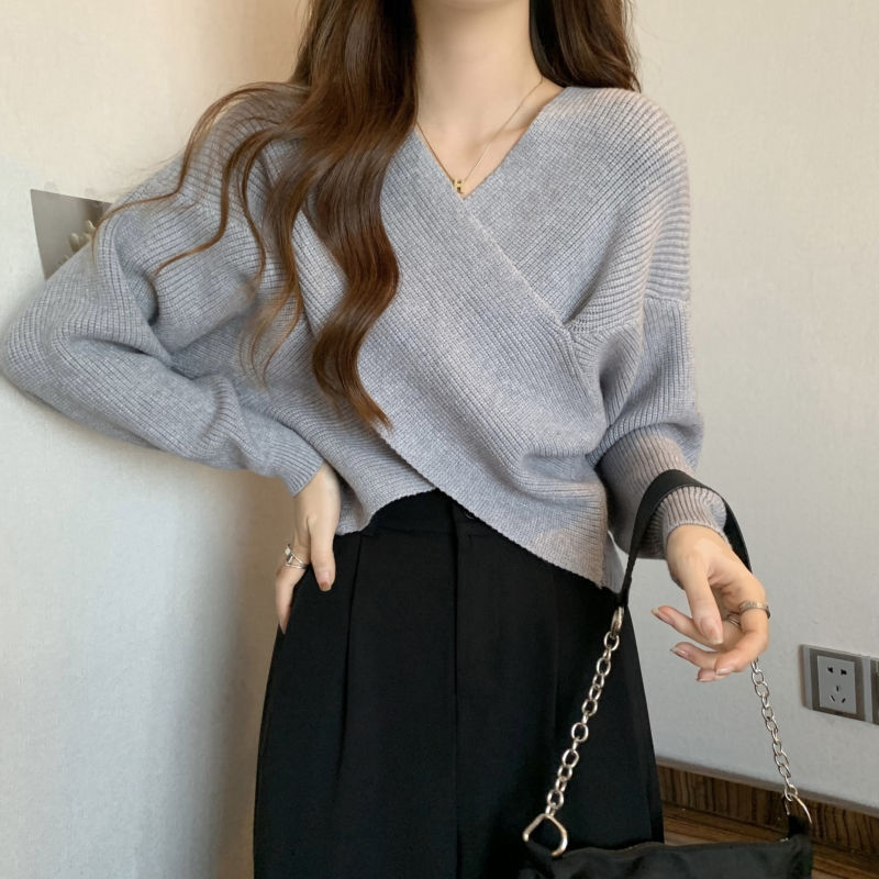 不规则交叉v领套头毛衣女秋冬内搭宽松慵懒短款针织衫上衣设计感|undefined