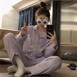Korean-style Dongdaemun Spring and Autumn Simple Solid Color Loose Bubble Cotton Pajamas Women's Lapel Long-sleeved Trousers Cross-border suit