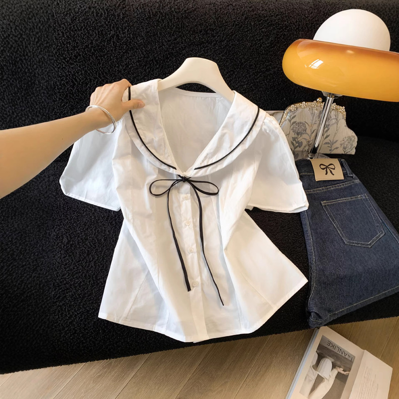 Real Shot~2026 Summer New Style Age-Reducing Navy Collar Waist-Cinching Slimming Tie Short-Sleeve Shirt Top